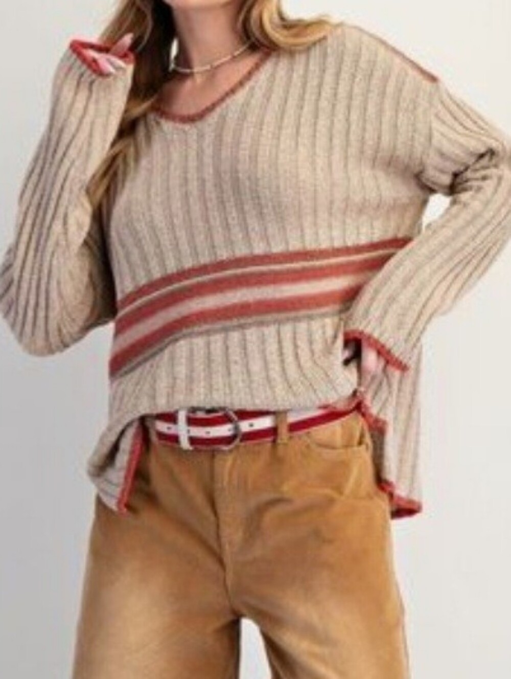easel Scoop-Neck Ribbed Sweater Tan with Orange Trim